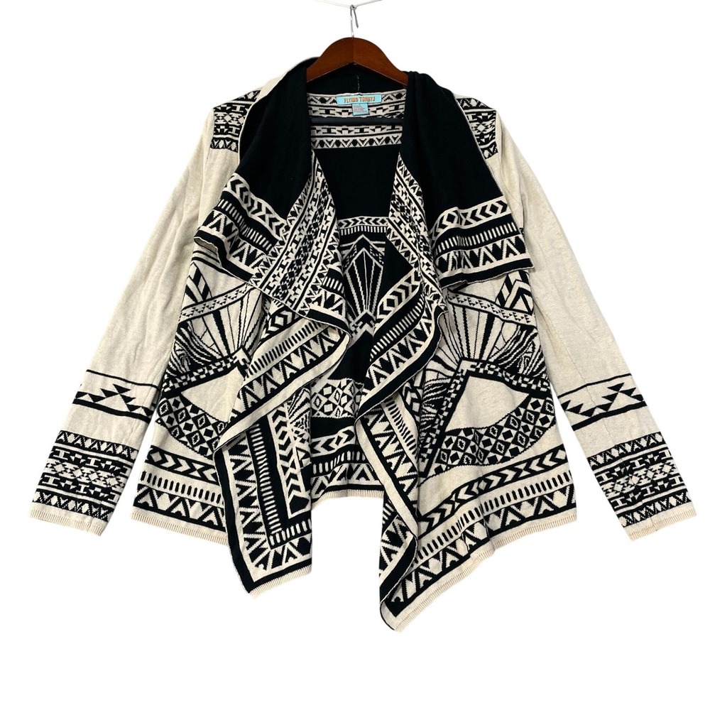 Flying Tomato Women's M Cream Black Aztec Cardigan Sweater Cotton Open Front